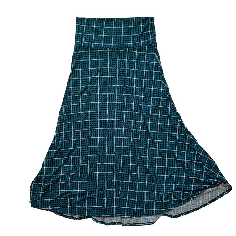 LulaRoe Womens Sz XL Stretch A-Line Flared Midi Skirt Teal Black White Plaid